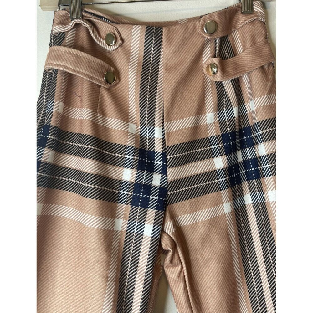 Women Dress Pants Size S Brown Striped Print High Waist Leg Straigth Stretch - Picture 15 of 16